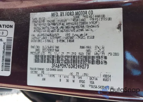2013 Ford Fusion Se z USA, uszkodzony, nr VIN 3FA6P0H76DR249079